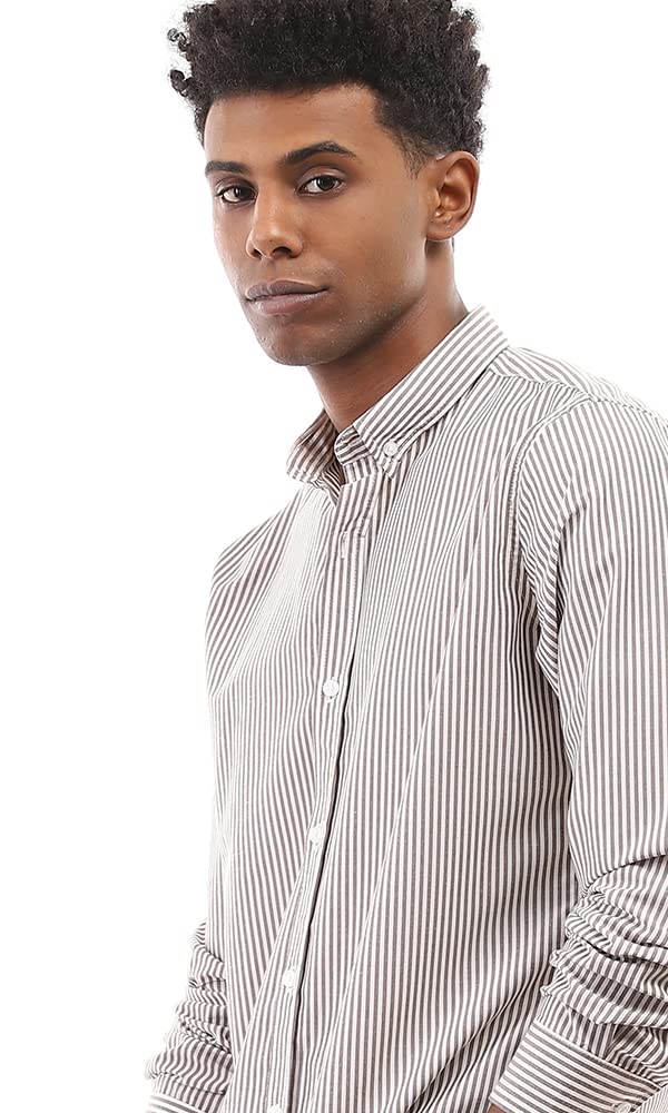Ravin Long Sleeves Striped Brown & White Buttoned Shirt For Men,Comfortable fit suitable for daily wear.