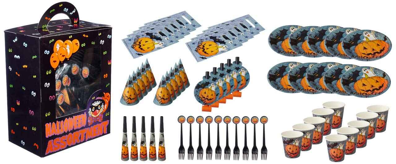 Party Pumpkin Print Bags Blowouts Forks Cups Plates Hats and Horns Set 71 Pieces - Multi Col - Safqqa Egypt