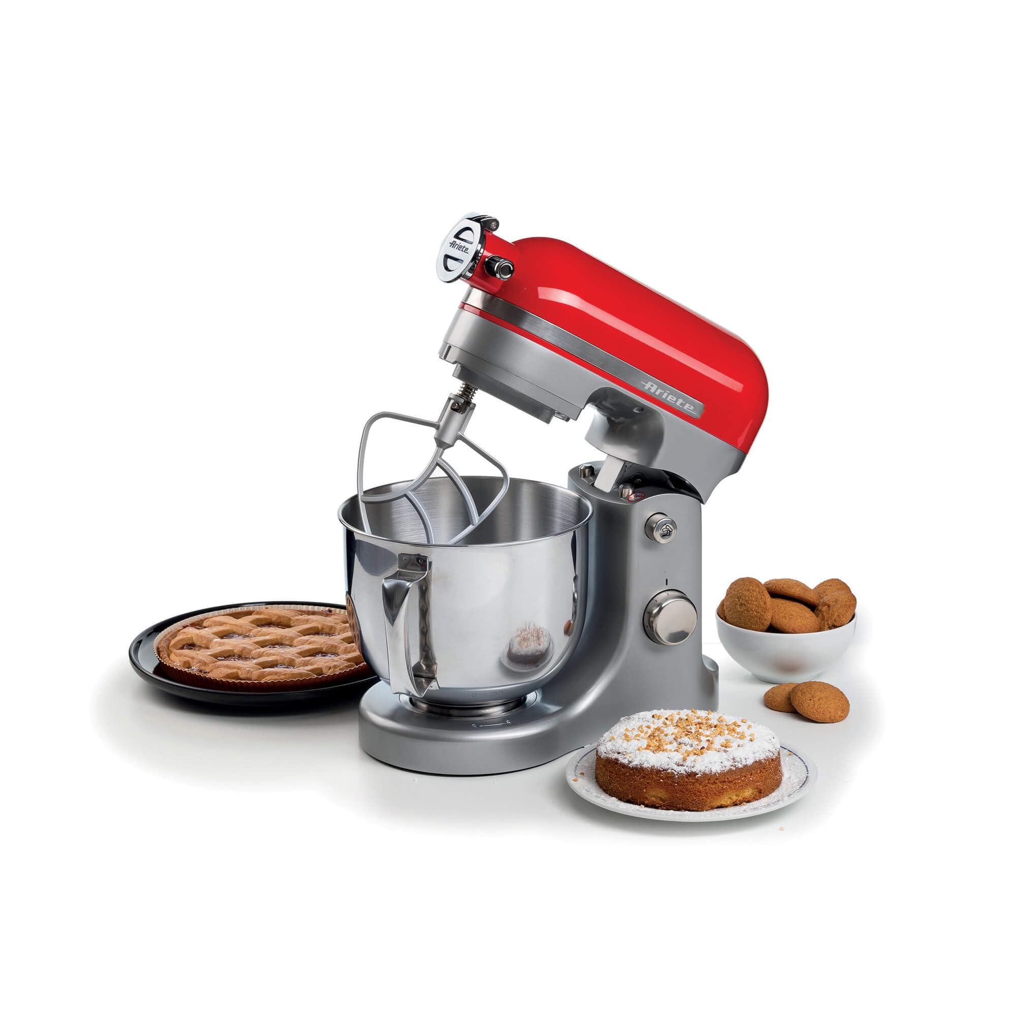 Ariete 1589 Moderna Planetary Mixer, 1600 Watts, 11 speeds, 5.5 Litres, 3 accessories for kneading, mixing and whipping. Red