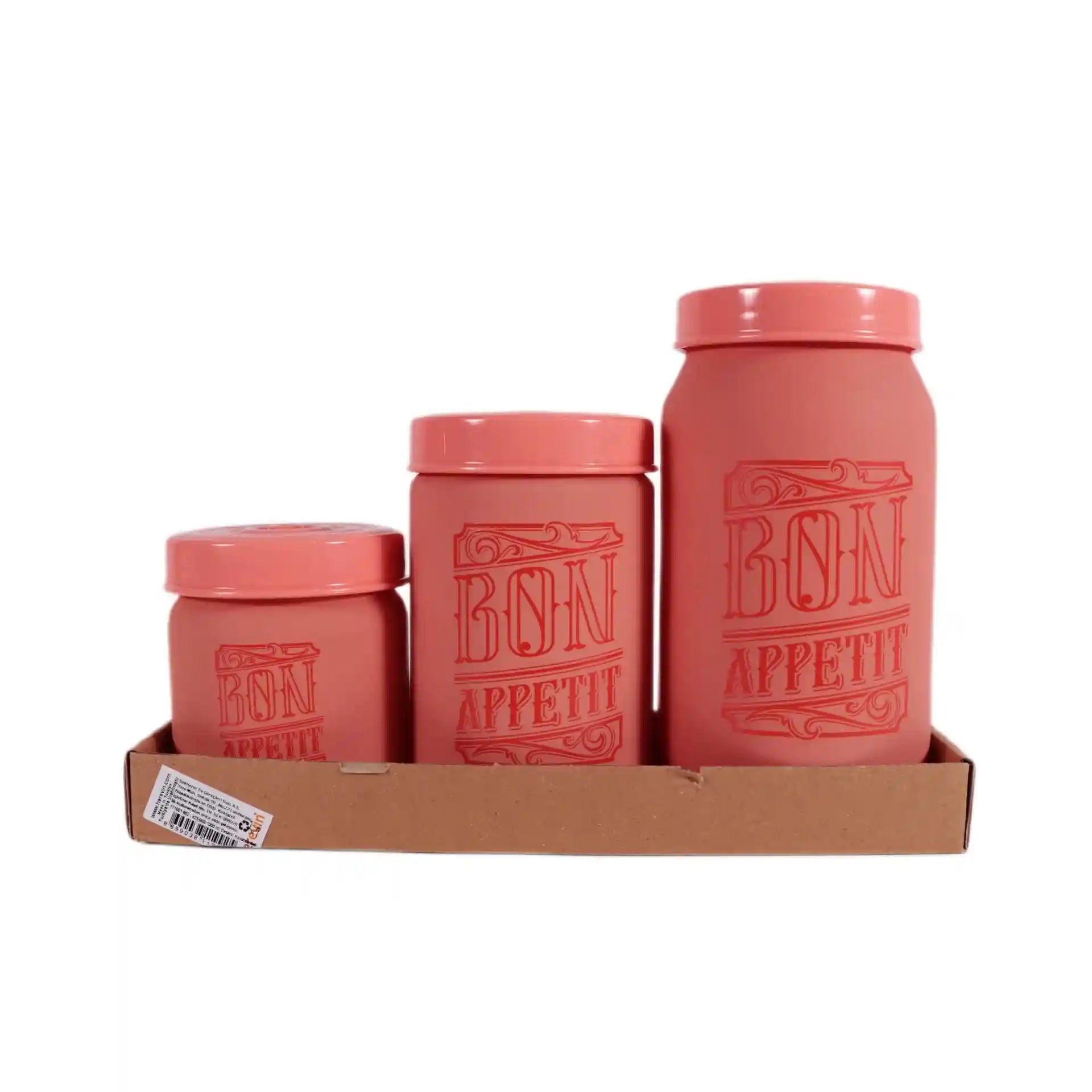 Herevin Soft Colored Decorated Canister Set with Tray – 3 Pieces (425/660/1000 ml), Pink - Safqqa