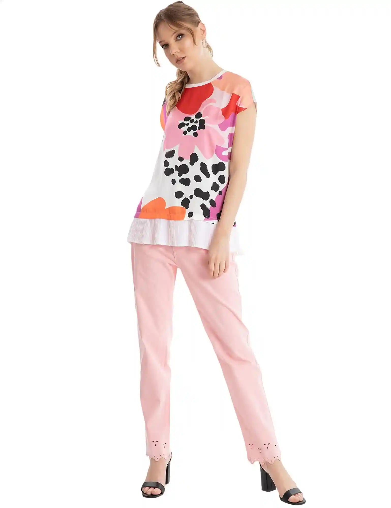 Dalydress Floral-Pattern Pleated Trims Round-Neck Short Sleeves Blouse for Women - Safqqa Egypt