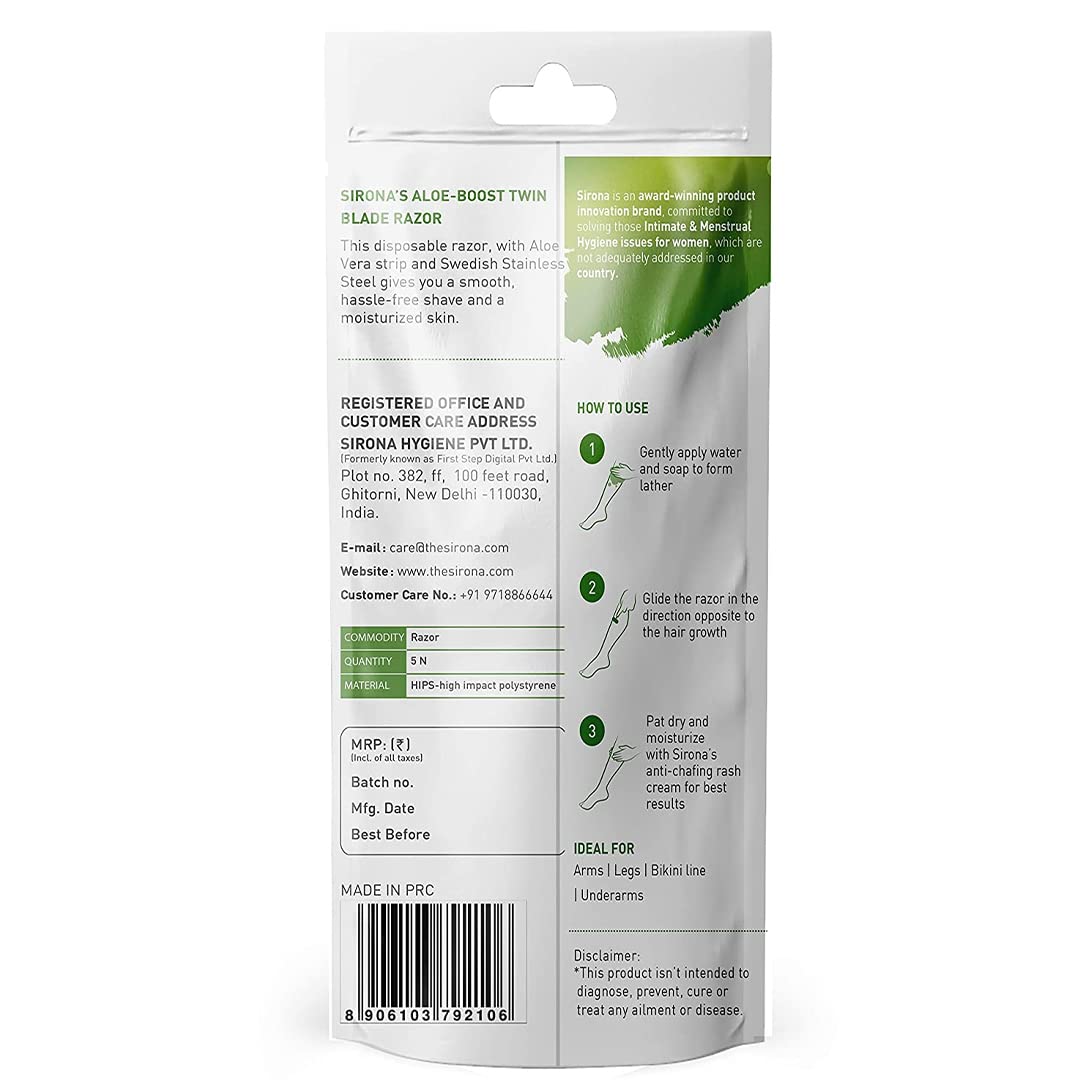 Sirona - Pack of 5 - Disposable Hair Removal Razor for Women | Aloe Boost | for Arms, Legs & Bikini Line | 2 Blade Shaving Razor