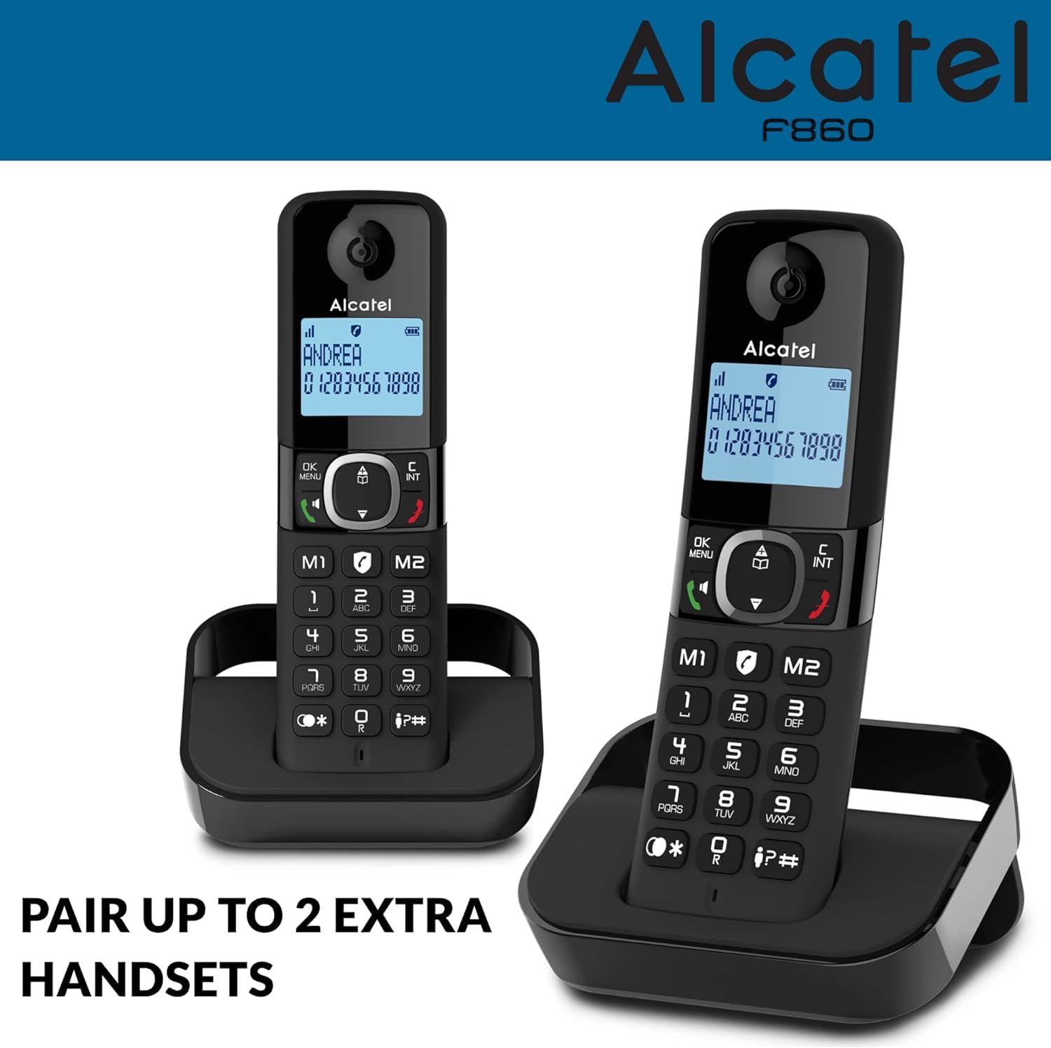 Alcatel F860 Duo Wireless Telephone/2 Headphones/Unwanted Call Block/Speakerphone/Illuminated Display/Caller ID/100 Digit Memory/Redial Button/Different Tones/Bell Intensity Control