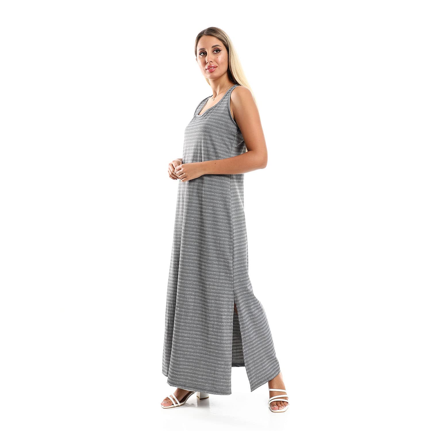JAMILA Women Striped Sleeveless Long Dress With Side Slits DRESS