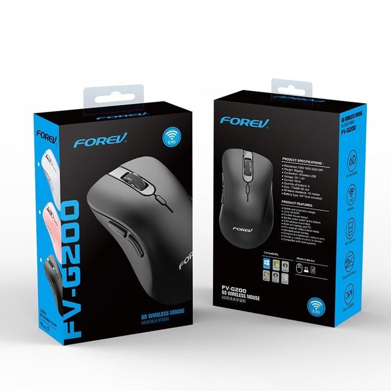 Generic FV-G200 Wireless Mouse – 2.4G Wireless office business mic – 6 Buttons – 3200DPI – Energy saving – ON/OFF Button – Ergonomic Design – Effective distance 10m – 1x AA Battery included (Black) - Safqqa Egypt