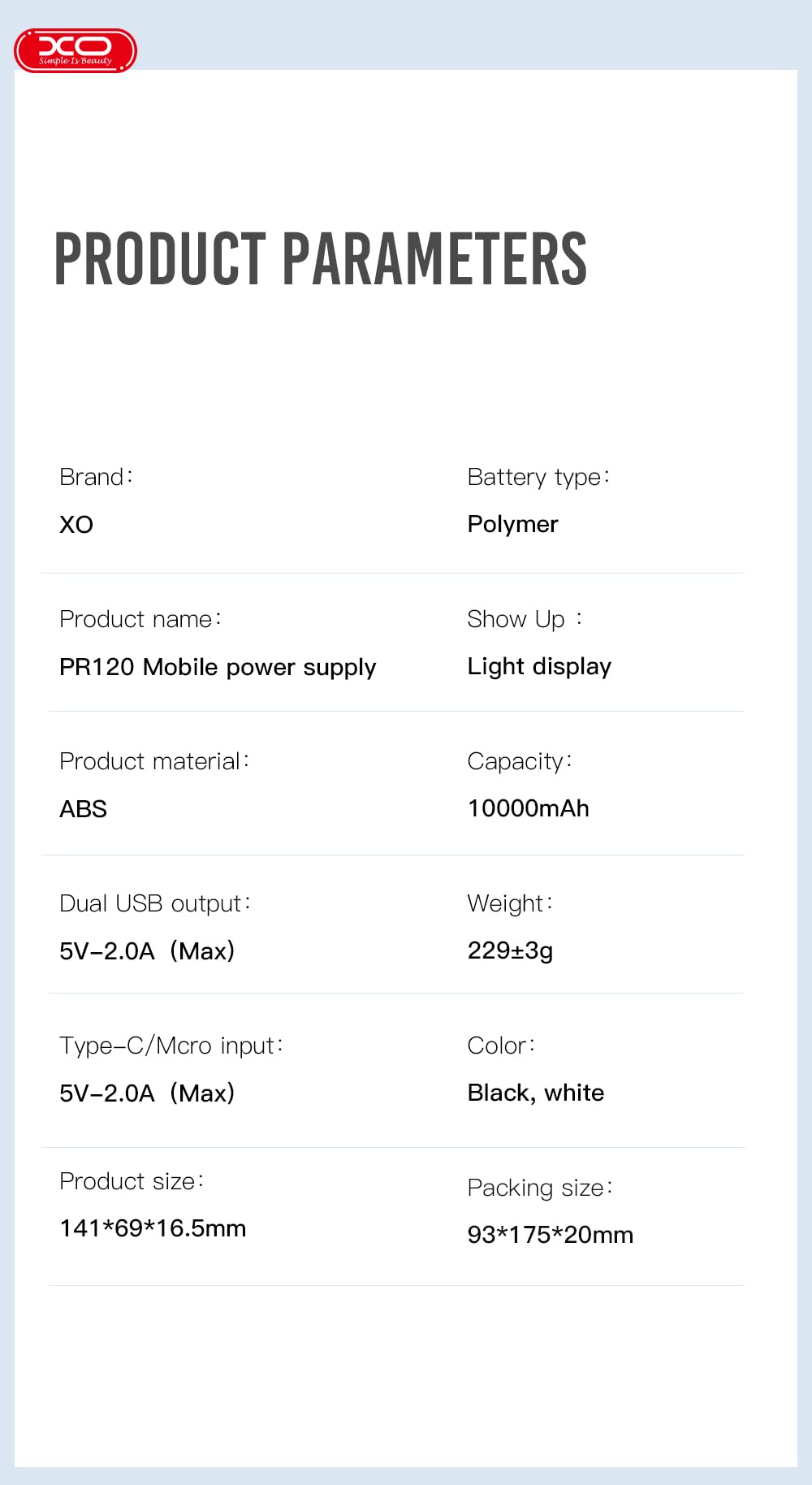 Xo Pr120 Power Bank 10000 Mah - White