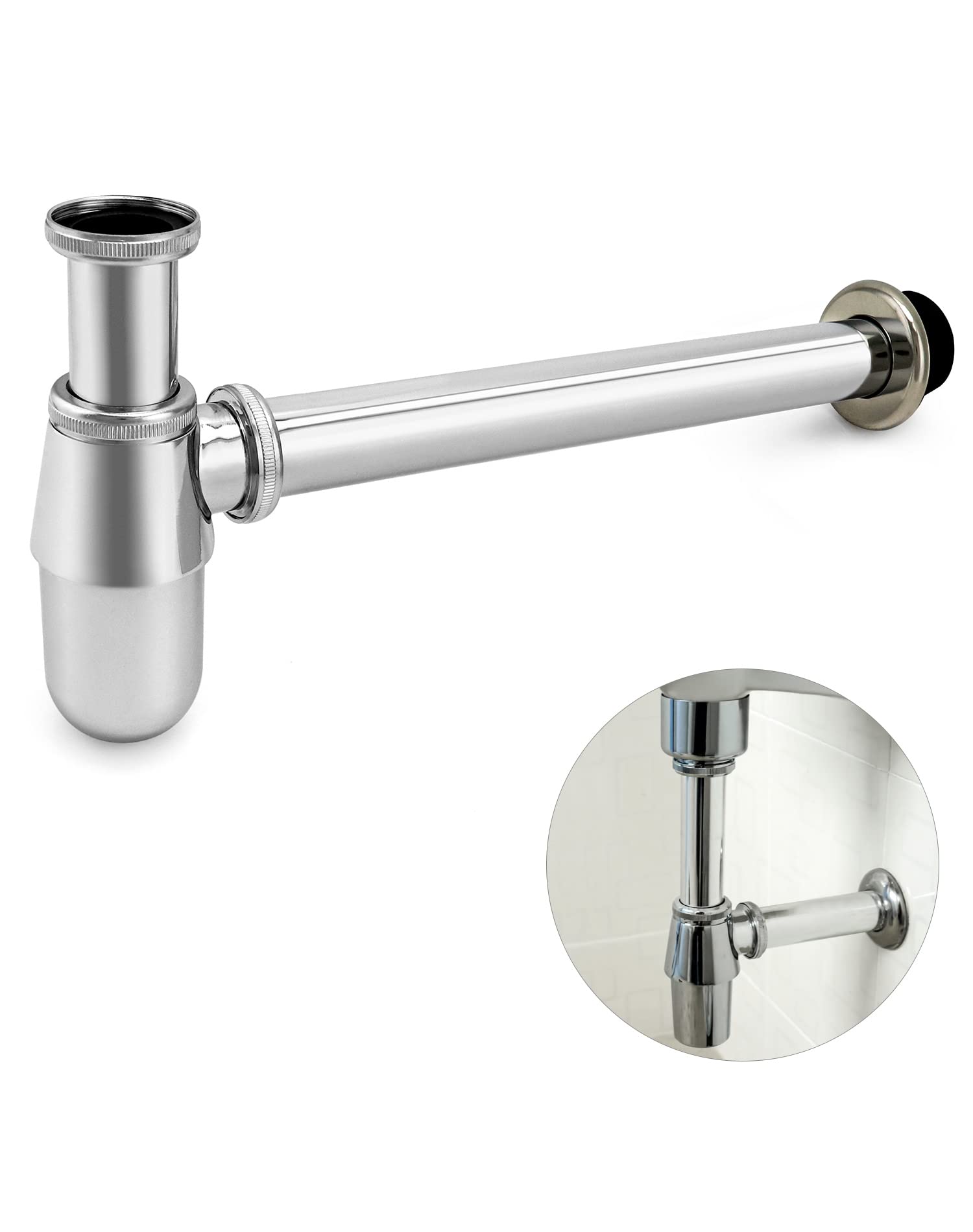 QWORK  Bathroom Sink Drain Kit, 1-1/4" Slip Inlet, 1-5/8" Joint Out, Universal Round P Trap Waste Pipe, 1 Set