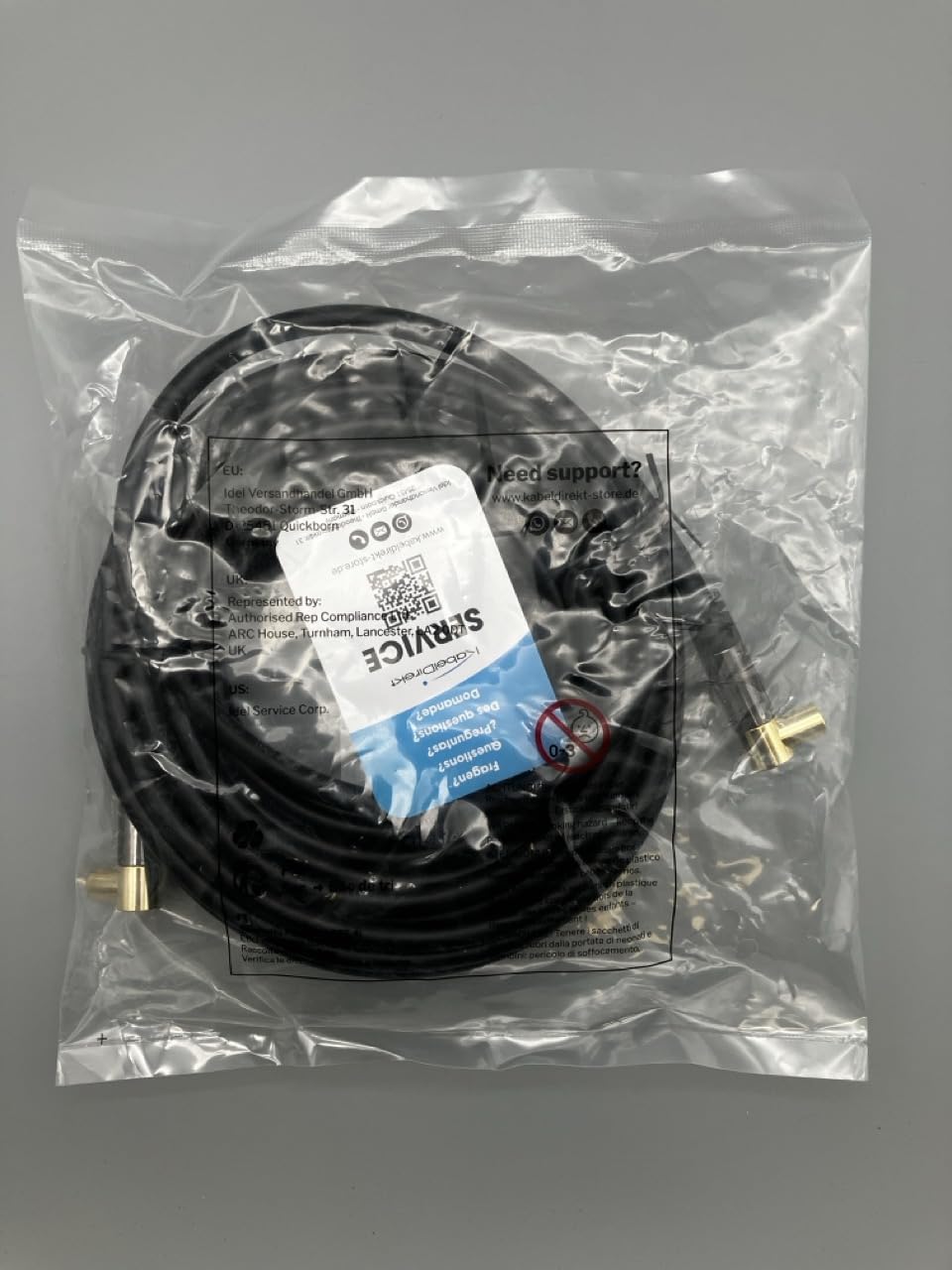 KabelDirekt 188 7.5m Coaxial Aerial/Antenna Cable with angle 90 Â° (Male to Female, 75 Ohm, for TV, HDTV, radio, DVB-T2, DVB-C, DVB-S) PRO Series black