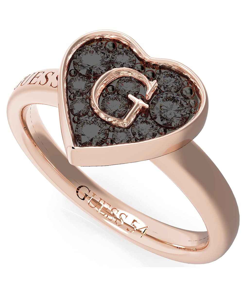 Guess UBR79031-56 Stainless Steel Stone Engraved Logo Ring for Women - Rose Gold