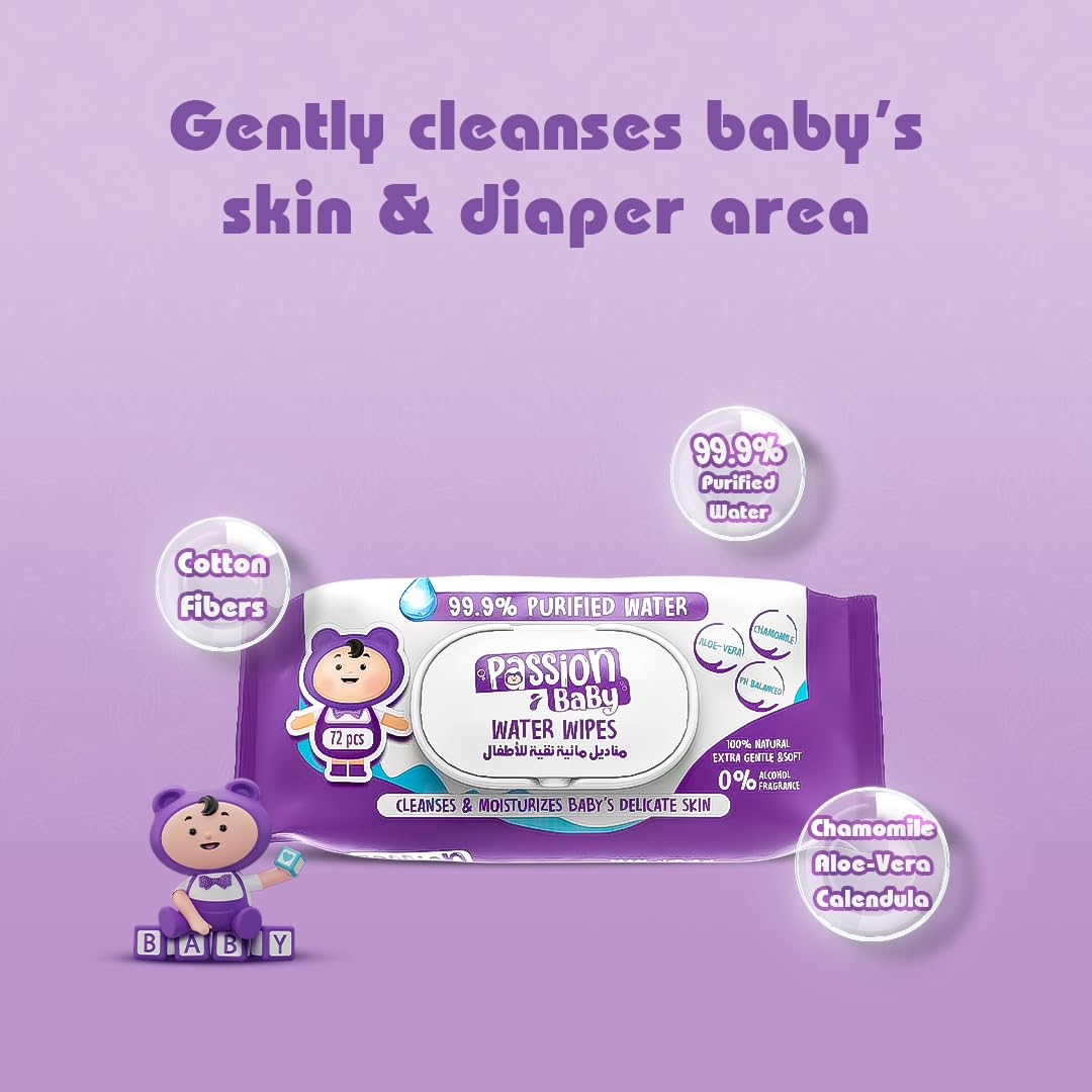 مناديل Passion  المائية (عدد 72 قطعة) مصممة خصيصًا لبشرة طفلك الحساسة، فهي ناعمة ونقية وتحتوي على 99٪ من الماء النقي ومكونات طبيعية آمنة. خالية من الكحول والبارابين والعطور