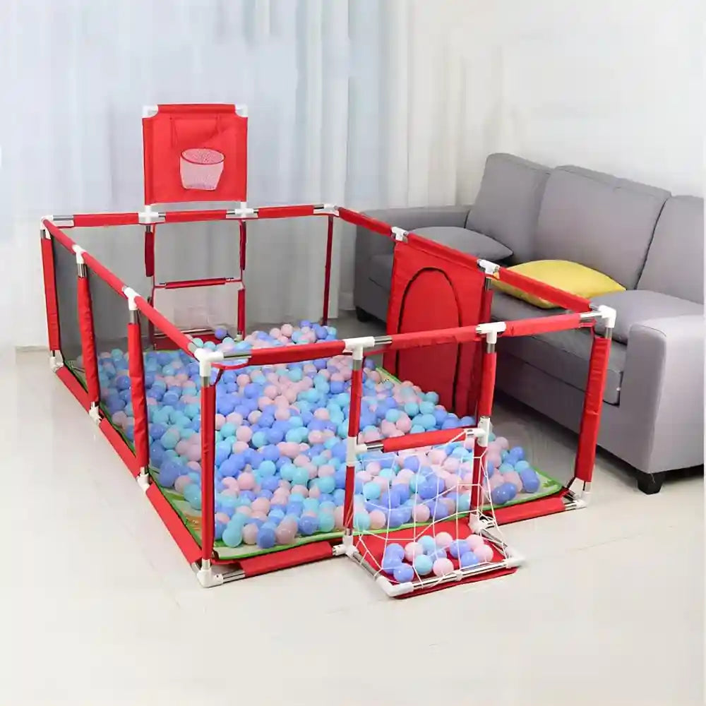 Fantastic-Kids-Toys Large Playpen for Toddlers, Durable Ball Pit, Playpen with Basketball Hoop, Indoor and Outdoor Activity Center, Safety Gates, 50 Balls 182 x 122 x 64 cm (RED) - Safqqa Egypt