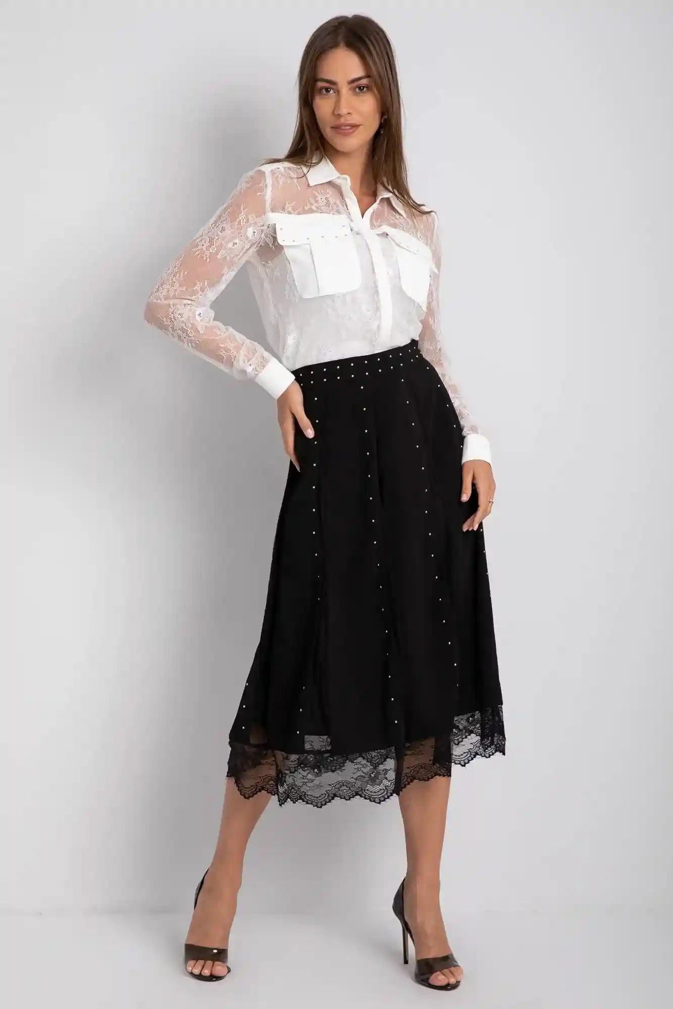Casual Lace Long Sleeves Sheer Shirt With Studded Utility Pockets - Safqqa Egypt