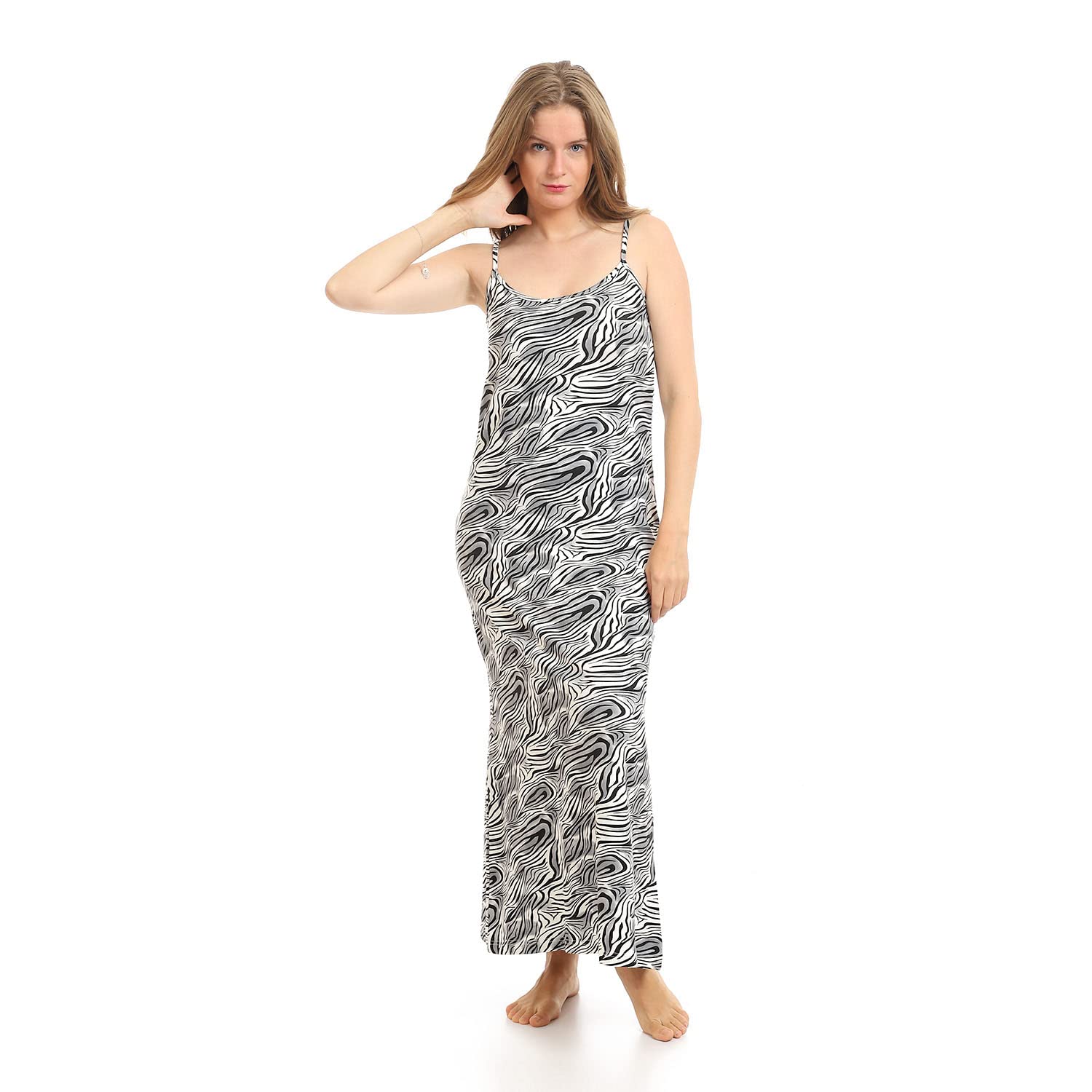 Kady Women Deep Round Neck Zebra Long Nightgown