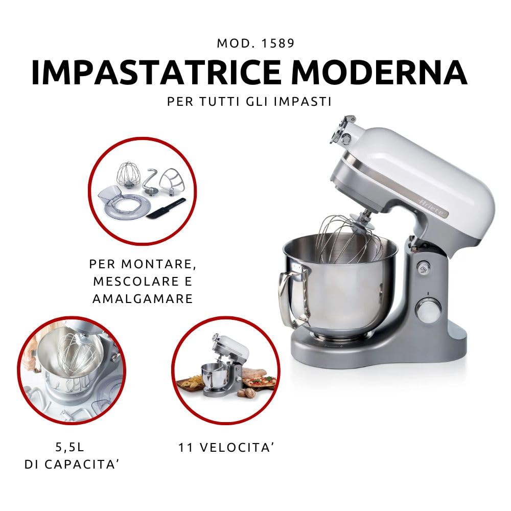 خلاط اريتي 1589 (أبيض) جهازًا متعدد الاستخدامات وقويًا للمطبخ، مصمم لتسهيل عملية الخبز والطهي. بفضل قوة 1600 واط