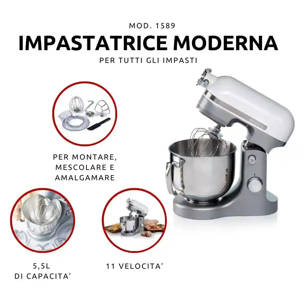 Ariete 1589  , 1600 Watts, 11 speeds, 5.5 Litres, 3 accessories for kneading, mixing and whipping. White (by Delonghi Group)- 1 Year Warranty