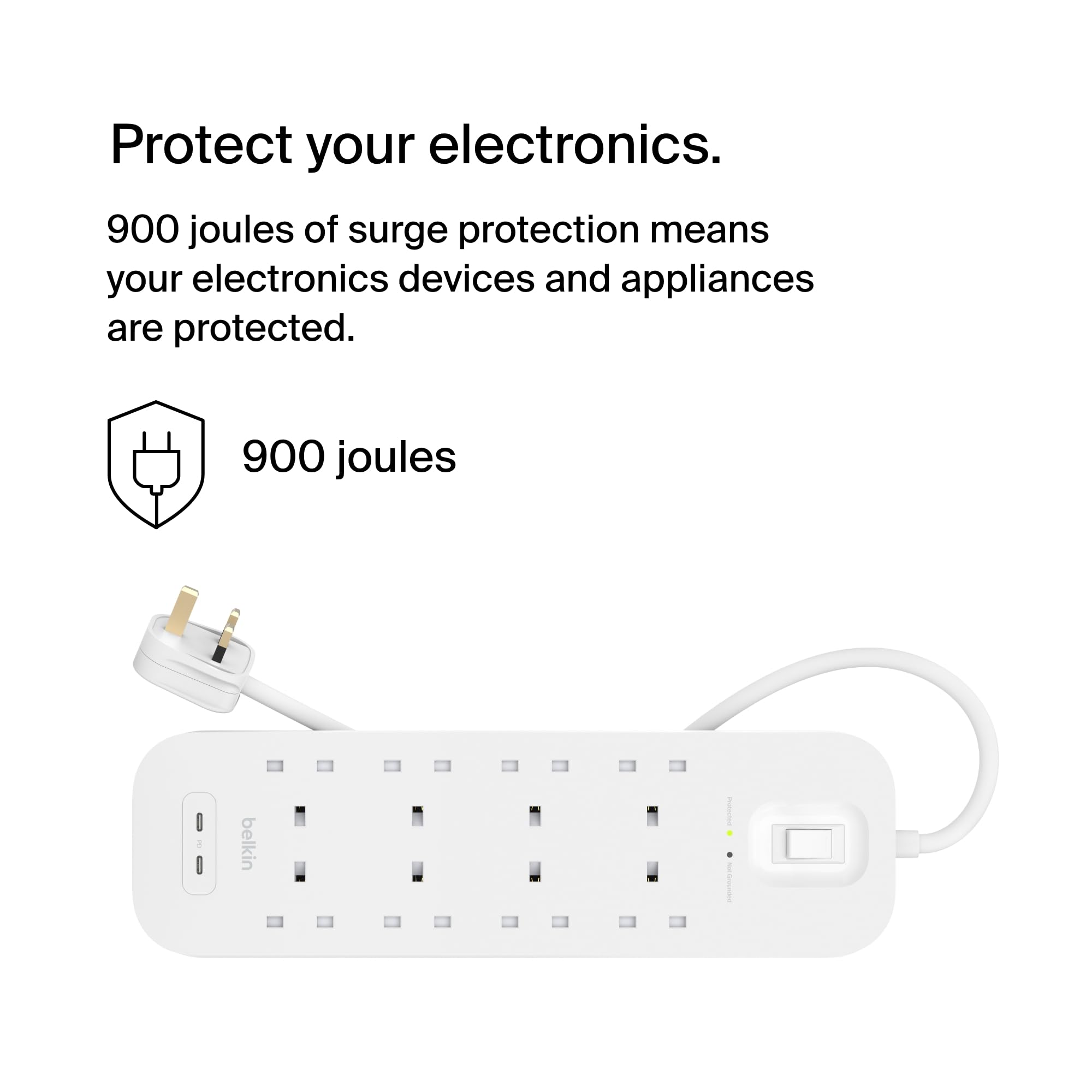  مشترك بلكين بثمانية مخارج كهربائية مع حماية من زيادة التيار خيارًا مثاليًا لتشغيل وحماية أجهزتك الإلكترونية بأمان وكفاءة. يحتوي على 8 منافذ كهربائية ومنفذين USB-C مع خاصية الشحن السريع PD لشحن عدة أجهزة في وقت واحد -دامج بوكس