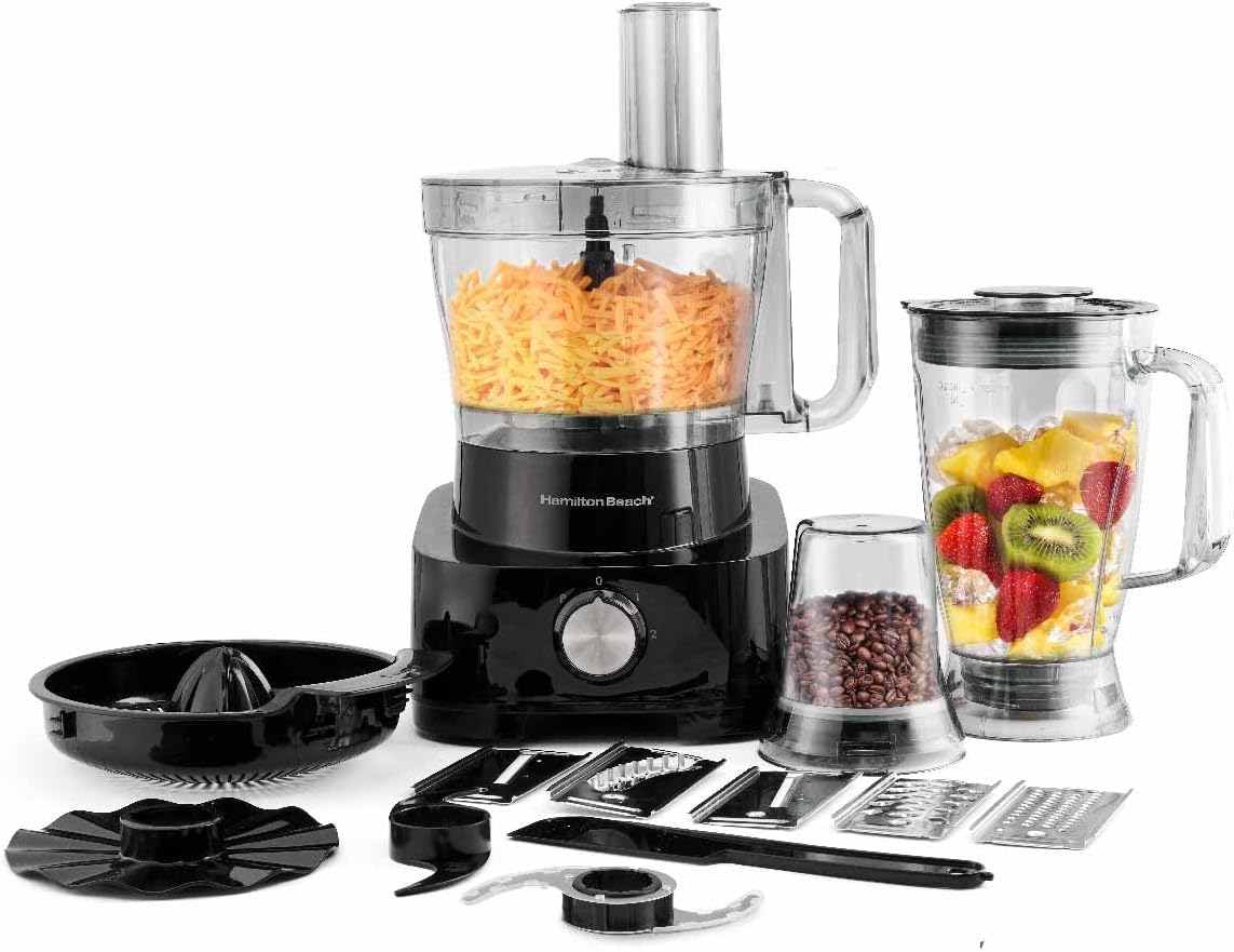 Hamilton Beach Food Processor 1000W, 3.5L bowl and 11 attachments - blender, citrus juicer, grinder mill, chopper and more to knead dough, emulsify, french fry slice and grate, FP1012-ME (Minor Scratsh)