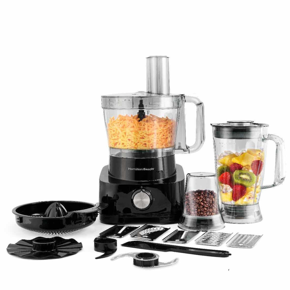 Hamilton Beach Food Processor 1000W, 3.5L bowl and 11 attachments - blender, citrus juicer, grinder mill, chopper and more to knead dough, emulsify, french fry slice and grate, FP1012-ME (Minor Scratsh)