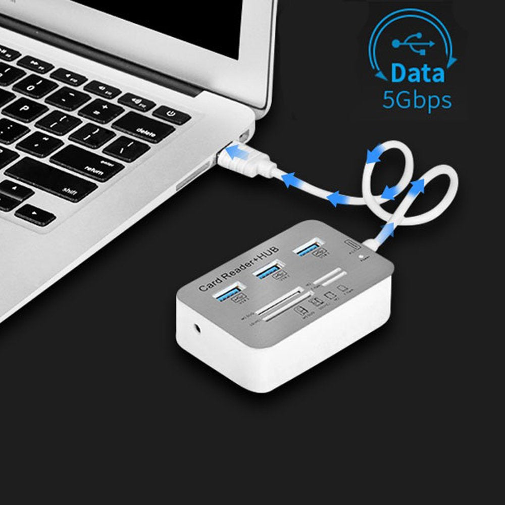 ERCRYSTO USB3.0 Card Reader and 3 Ports USB Hub, High Speed External Memory Card Reader (MS, Micro SD,SD/MMC,M2,TF Card)