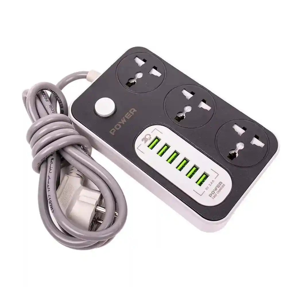 G-Power ws341 power strip surge protector 220v with 3 universal international socket and smart 6 usb charging ports 2.4a - black grey - Safqqa Egypt