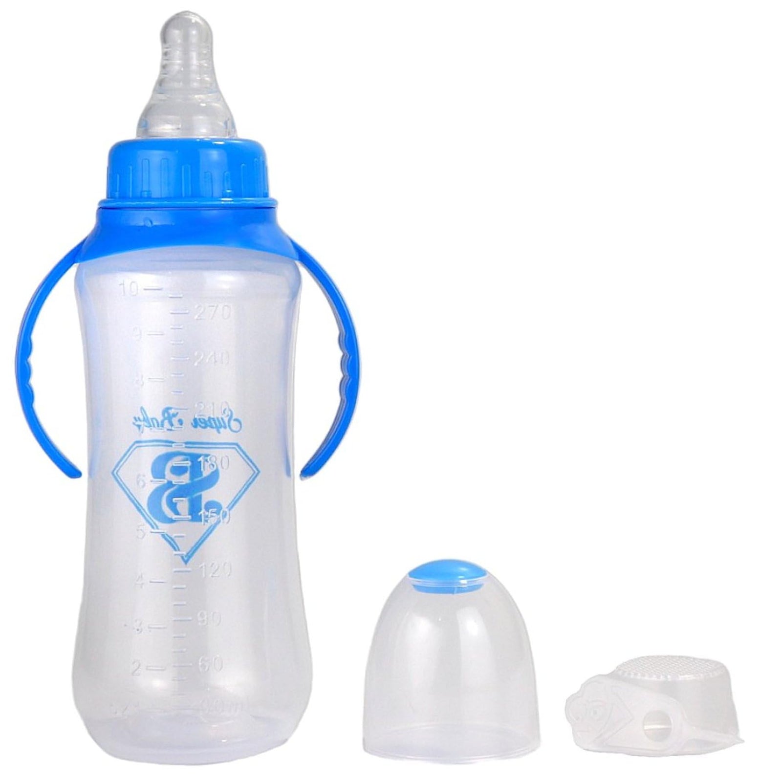 رضاعة سوبر بيبي 270 مل مصممة لتوفير تجربة رضاعة آمنة ومريحة لطفلك. مصنوعة من مواد خالية من مادة الـ BPA للحفاظ على صحة وسلامة الطفل في كل استخدام. تحتوي على مقابض مريحة تساعد الطفل على الإمساك بالرضاعة بسهولة والتدرب على الشرب بنفسه