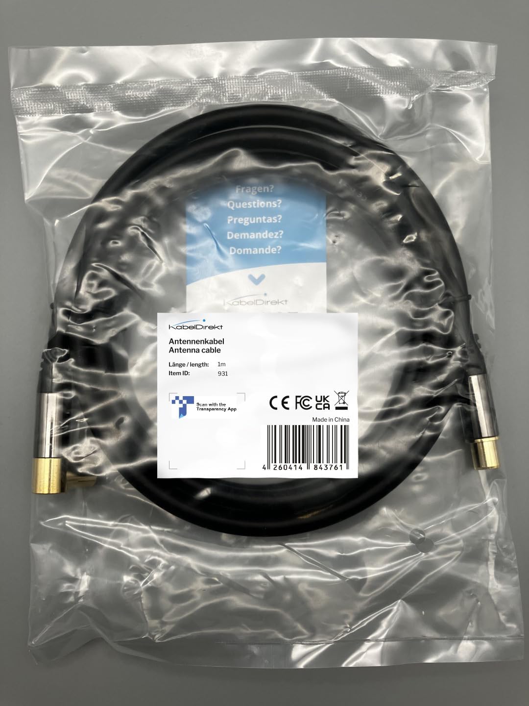 KabelDirekt – 1m 75 Ohm HDTV aerial cable, 90° angled coaxial female connector > straight coaxial male connector, coaxial cable for TV, HDTV, radio, DVB-T2, DVB-C, DVB-S (angled connector)