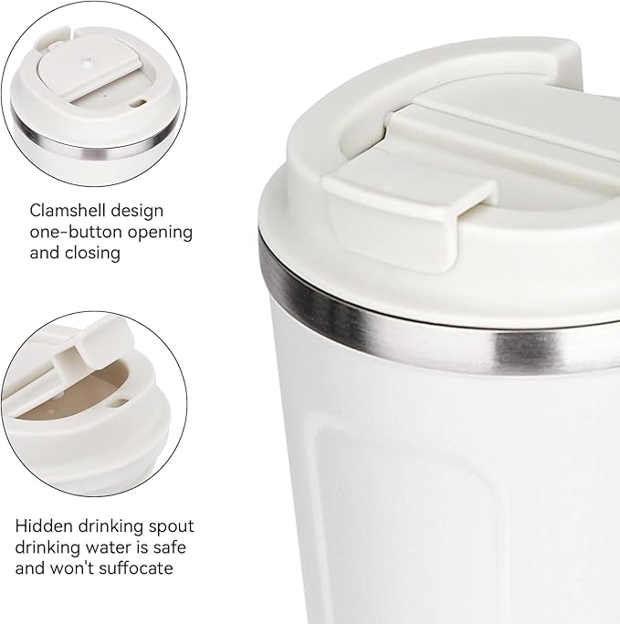 Dycietx Insulated Travel Coffee Mug – Reusable Stainless Steel Cup with Leakproof Lid for Hot & Cold Drinks – Portable Thermal Mug for Car, Office, Outdoor, School (White, Damaged Box) - Safqqa Egypt