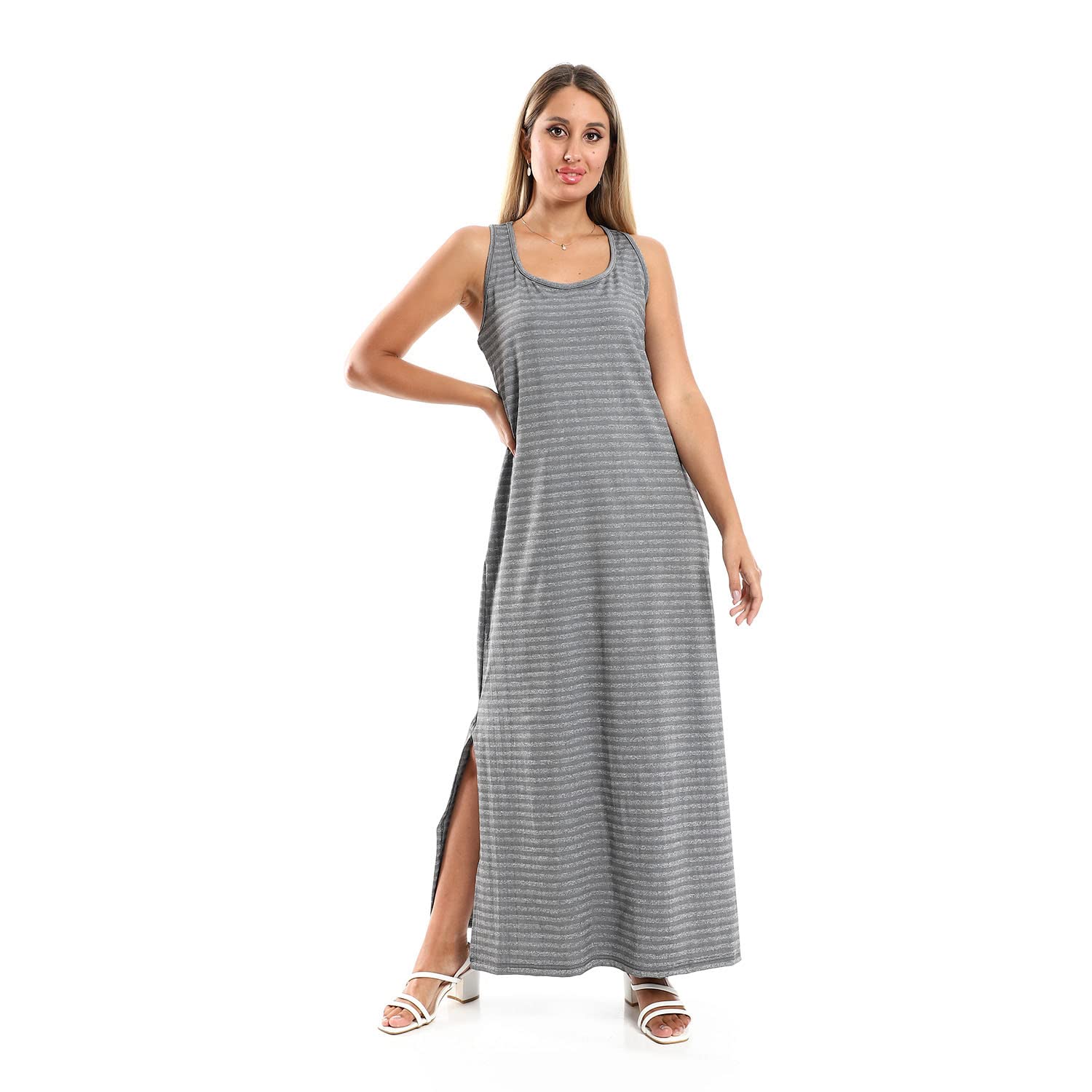 JAMILA Women Striped Sleeveless Long Dress With Side Slits DRESS