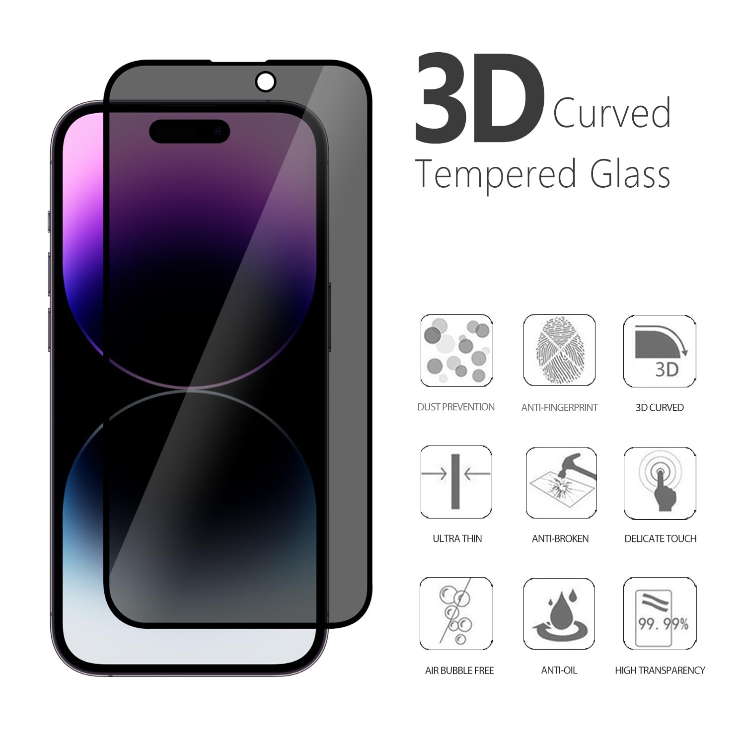 Privacy 9H Tempered Glass Screen Protector With Easy Installation Frame INCLUDED 3D Protector Edge to Edge Protection For iPhone (iPhone 14 Pro Max)