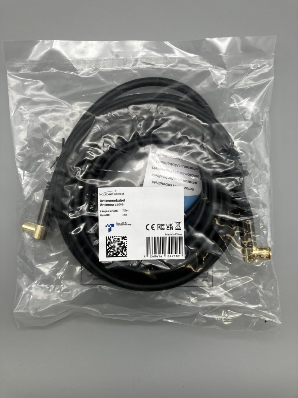 KabelDirekt 188 7.5m Coaxial Aerial/Antenna Cable with angle 90 Â° (Male to Female, 75 Ohm, for TV, HDTV, radio, DVB-T2, DVB-C, DVB-S) PRO Series black