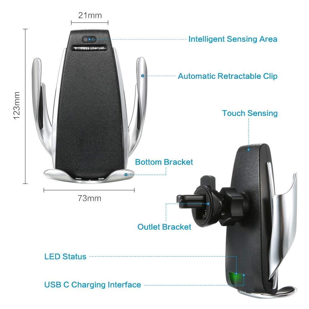 Toxel Penguin S5 2 in 1 Wireless Charger, Smart Automatic Clamping Fast Wireless Car Charger Infrared Auto-sens Air Vent Mount for All Smart Phone, Android Phone and iOS