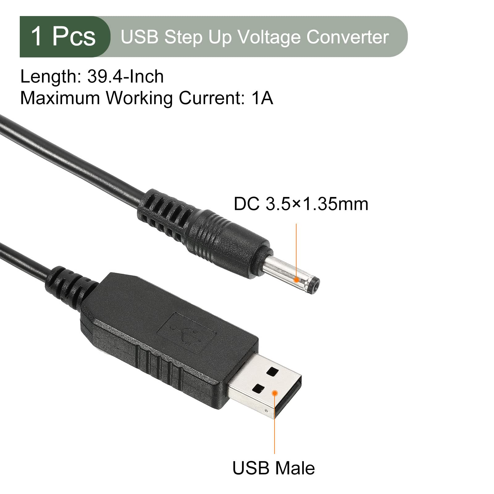 محول جهد YOKIVE DC 5V إلى DC 12V، كابل طاقة مع جاك DC 3.5mm x 1.35mm، رائع لأجهزة التوجيه، الكاميرات، مسجل قيادة السيارة (أسود، 6W 1A)