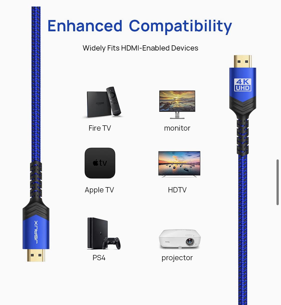 JSAUX HDMI Aluminum Alloy Cable 2M,High-speed HDMI 2.0 for smooth video and audio transfer