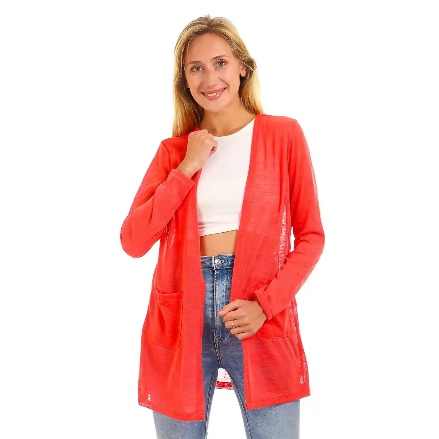 JAMILA Side Pockets Open Neckline Cardigan For Women,Versatile design suitable for casual, work, or semi-formal occasions.