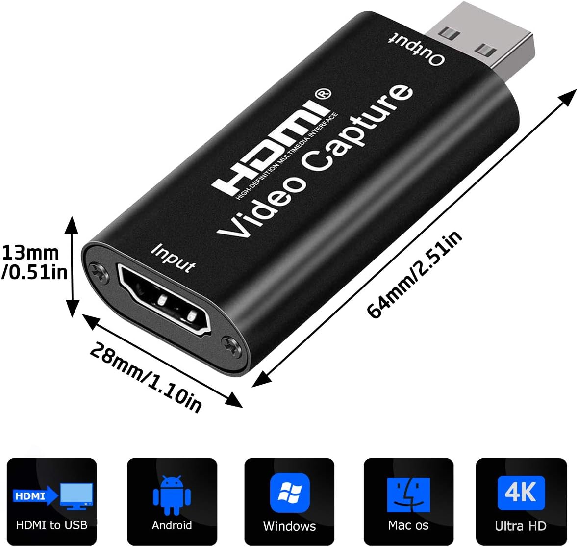 بطاقة تسجيل فيديو HDMI بدقة 4K، بطاقة كاميرا لينك، محول التقاط الصوت HDMI الى USB 2.0، جهاز تسجيل تسجيل للبث والبث المباشر ومؤتمرات الفيديو والتعليم والالعاب (اسود)