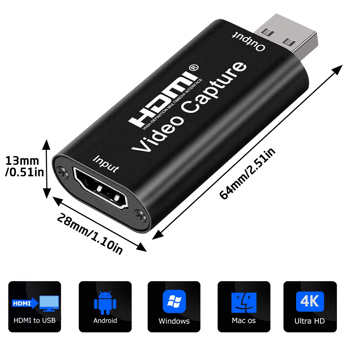 بطاقة تسجيل فيديو HDMI بدقة 4K، بطاقة كاميرا لينك، محول التقاط الصوت HDMI الى USB 2.0، جهاز تسجيل تسجيل للبث والبث المباشر ومؤتمرات الفيديو والتعليم والالعاب (اسود)