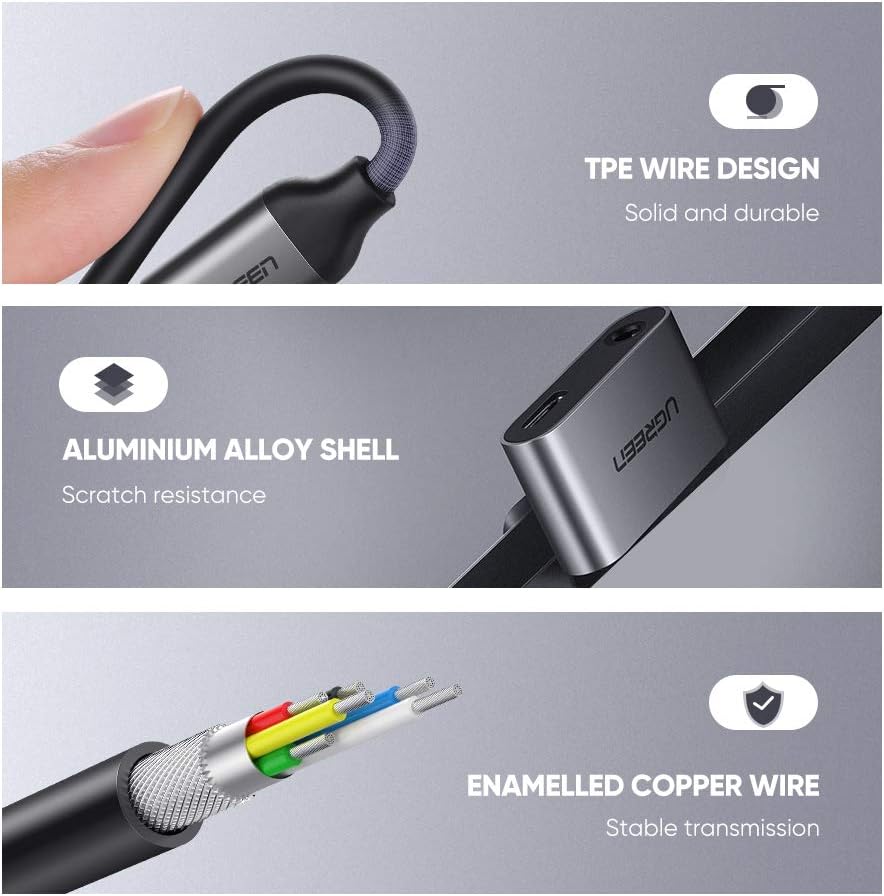 محول UGREEN USB C إلى 3.5 مم 2 في 1 USB C إلى سماعة رأس وشحن محول صوتي ألومنيوم شاحن سريع وسماعات متوافق مع Huawei P30 Pro P20 P20 Pro Mate 20 Pro، OnePlus 8/8pro Xiaomi Mi 9/8