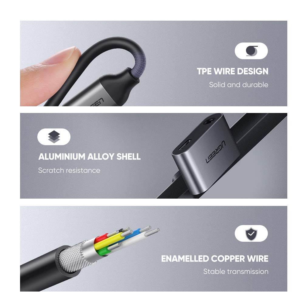 محول UGREEN USB C إلى 3.5 مم 2 في 1 USB C إلى سماعة رأس وشحن محول صوتي ألومنيوم شاحن سريع وسماعات متوافق مع Huawei P30 Pro P20 P20 Pro Mate 20 Pro، OnePlus 8/8pro Xiaomi Mi 9/8