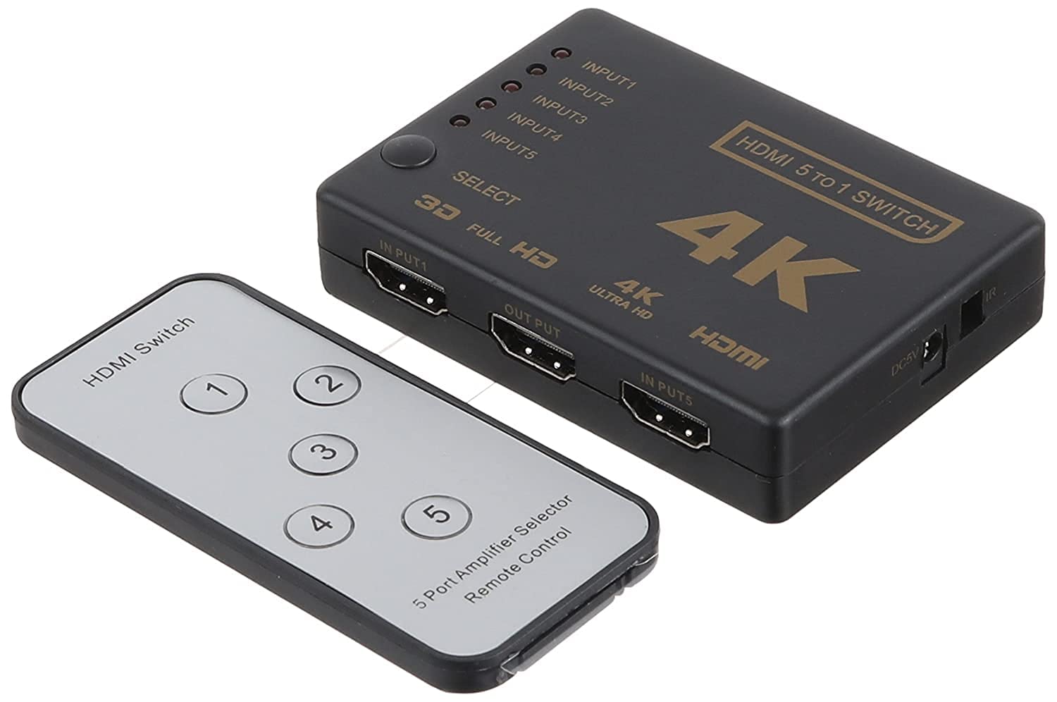 مفتاح HDMI Keendex kx2266 5x1 مع جهاز تحكم عن بعد لاسلكي بالأشعة تحت الحمراء (يدعم ألترا إتش دي 3D 4K) - أسود