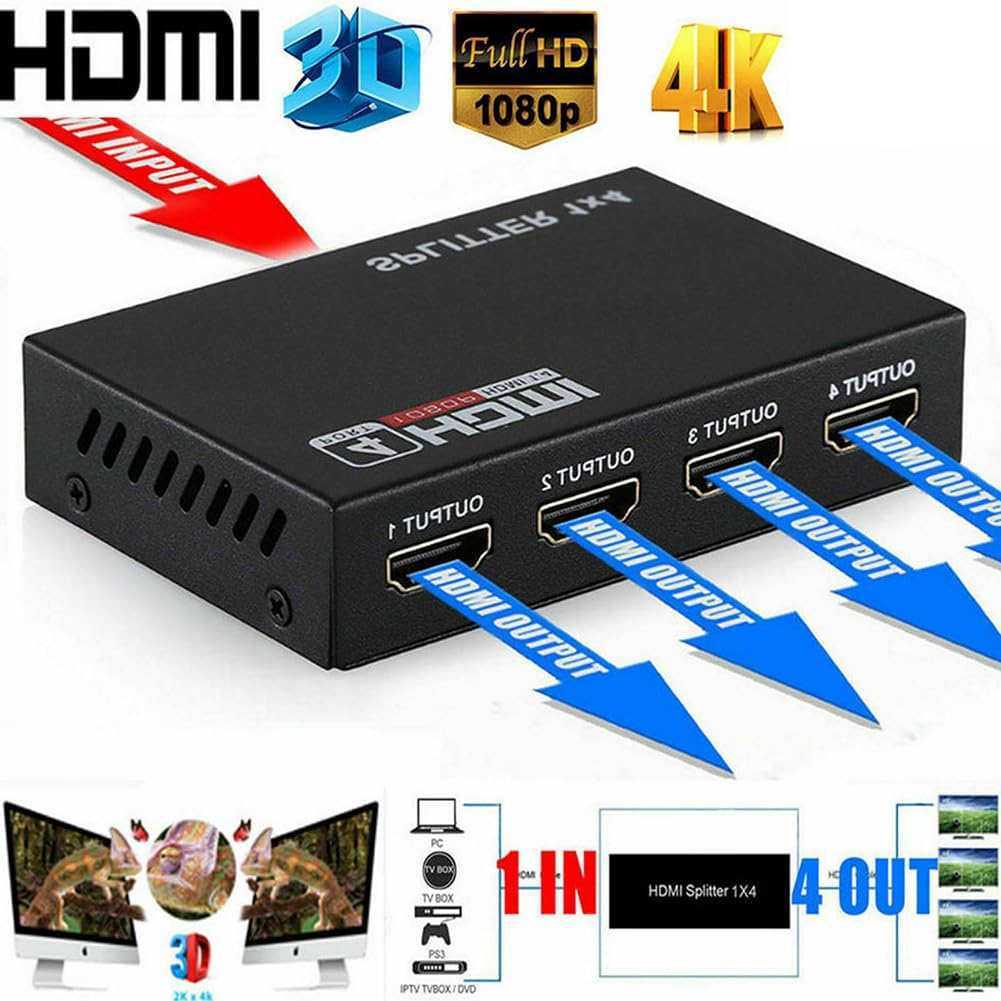Exon X1049 1x4 HDMI Splitter - 1 In 4 Out Full HD 1080P Duplicate Screen Monitor Switch for PC, PS3/4/5, HDTV, Projector