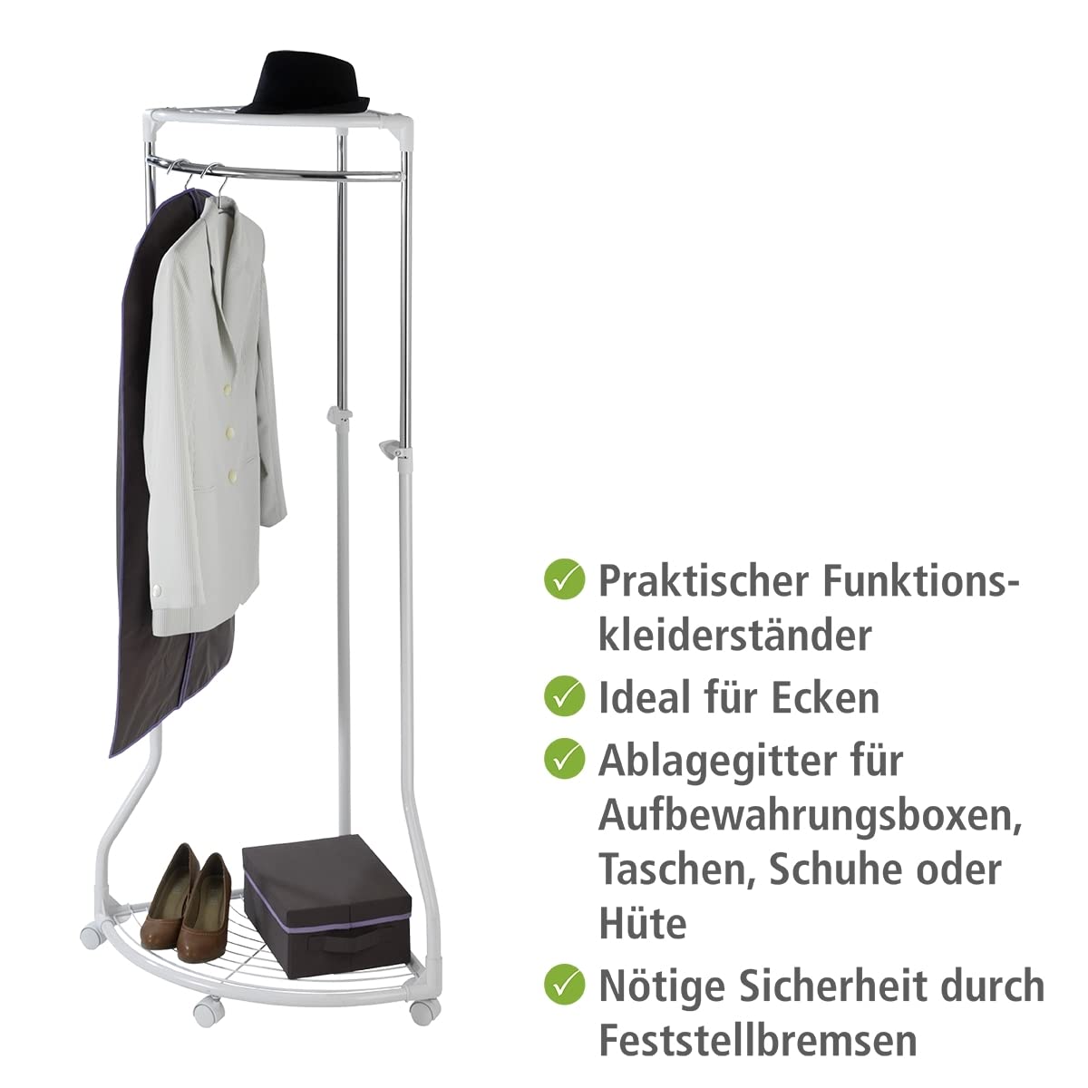 WENKO Coat Rack Freestanding, Clothes Hanger Stand for Entryway, Coat Rack with Shoe Storage, Adjustable Corner Coat Rack, White/Chrome, Holds up to 110lbs, 27.6 x 44-65.4 x 21.7 in