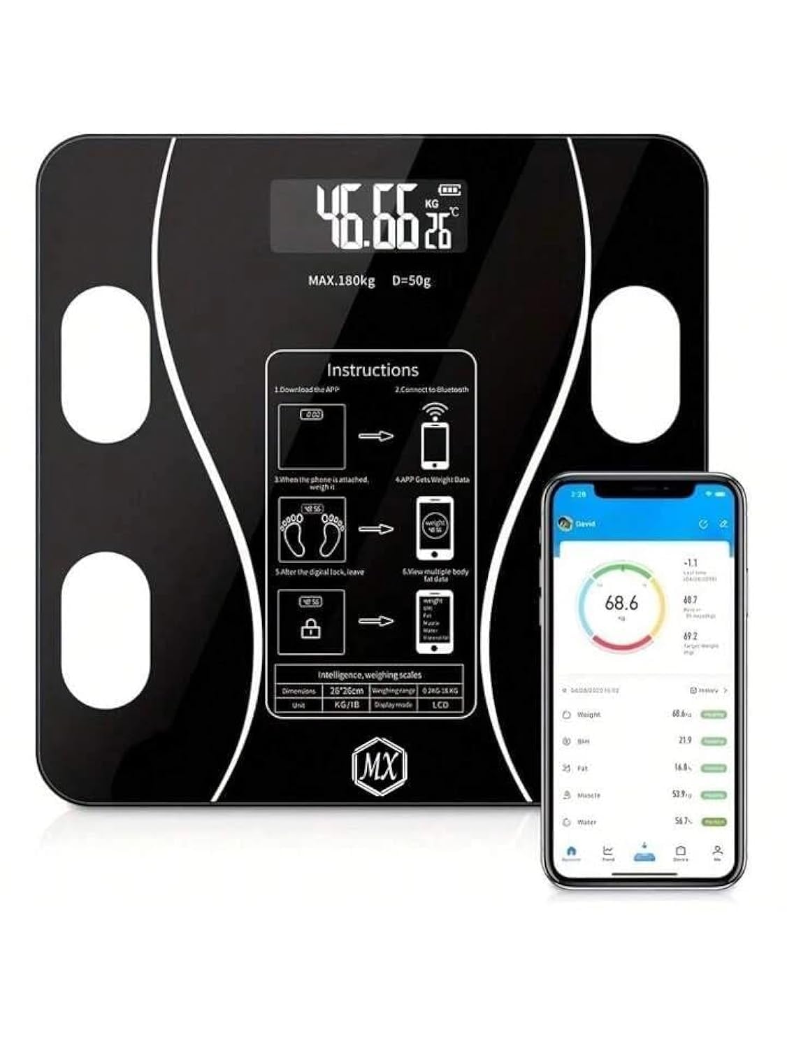 Digital Personal Scale, Smart Body Weight Scale with Bluetooth and App, USB Rechargeable Body Composition Monitor (Black) Provides fast and even heating for optimal performance.