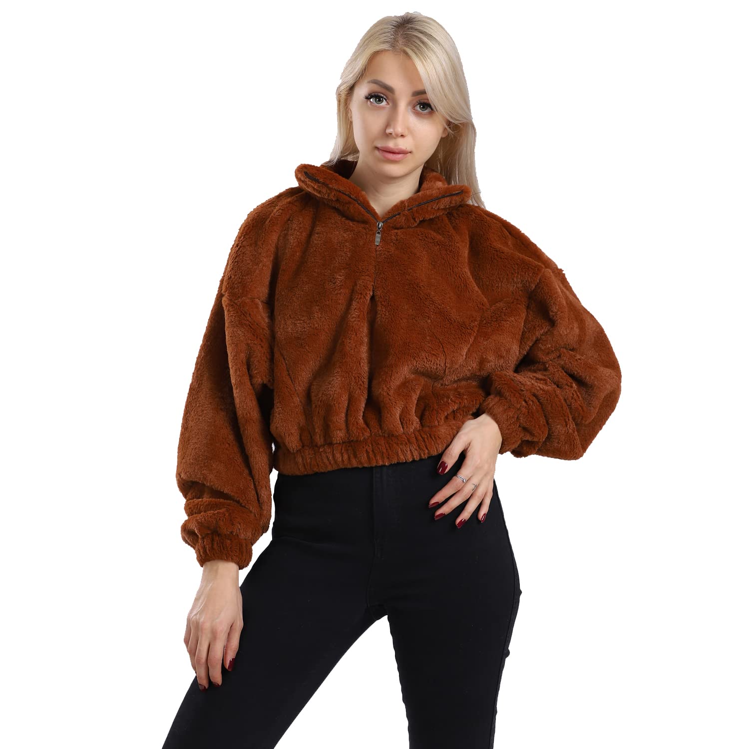 EEZEEY womens Furry Cropped Zipped Fleece Jacket Furry Cropped Zipped Fleece Jacket