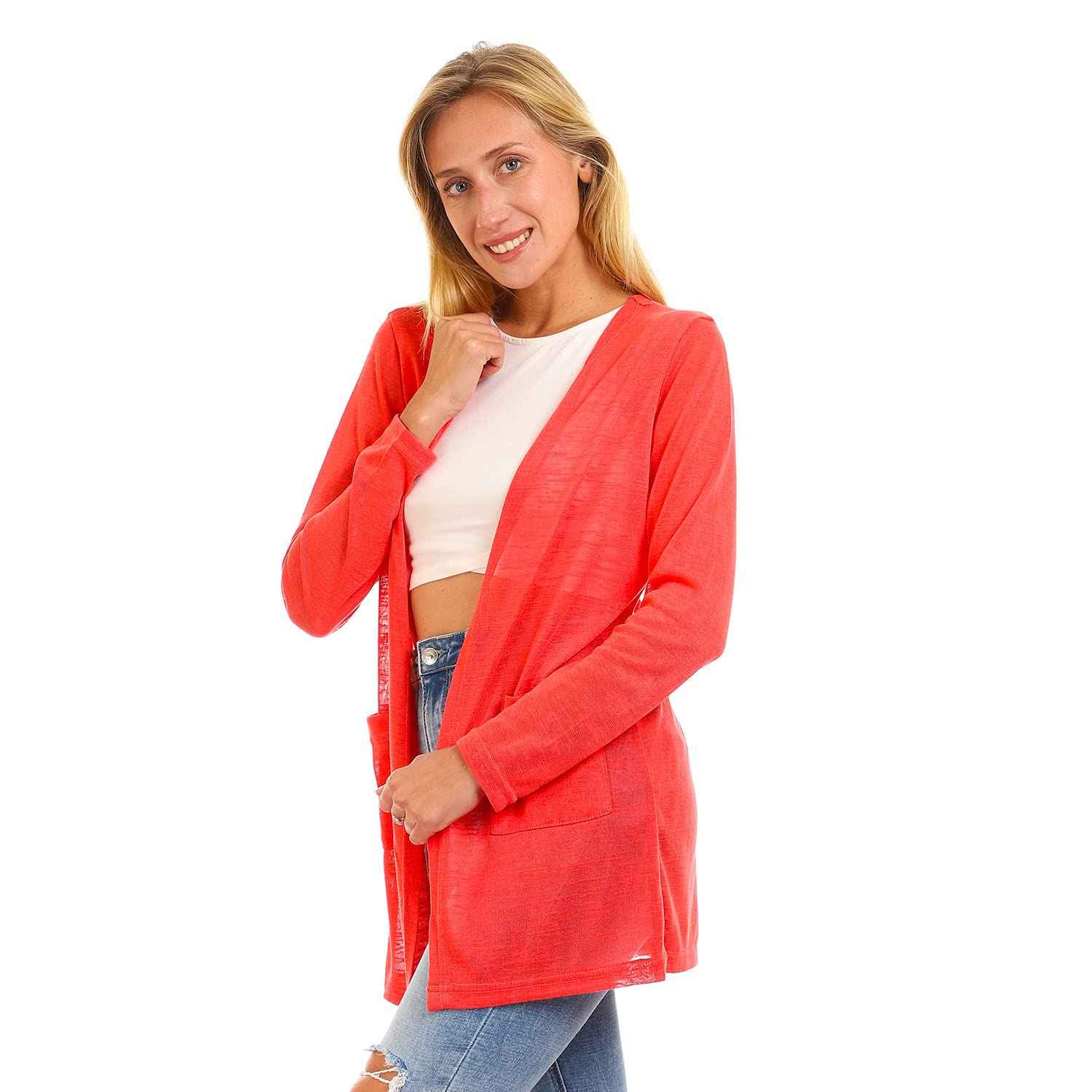 JAMILA Side Pockets Open Neckline Cardigan For Women,Versatile design suitable for casual, work, or semi-formal occasions.