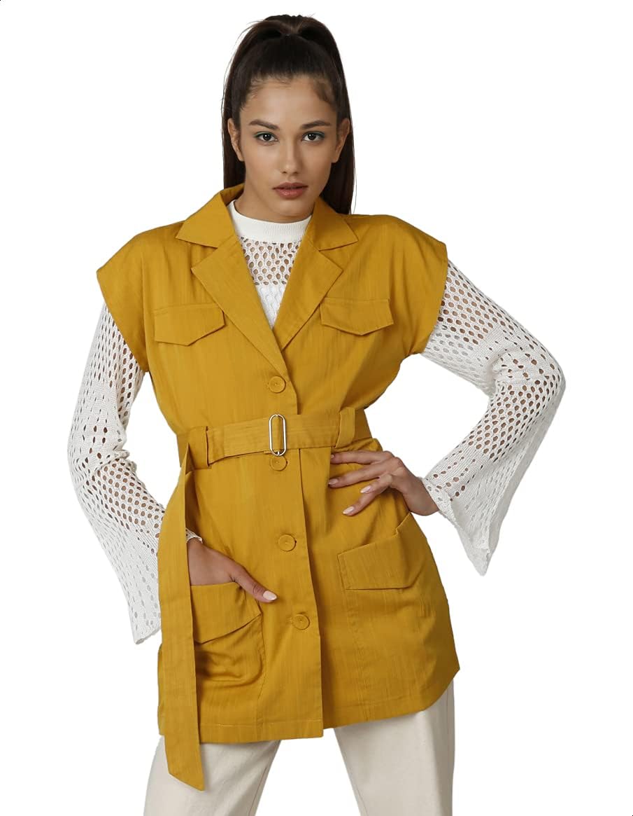 2Xtremz Waist-Belt Notched Lapel Solid Coat For Women