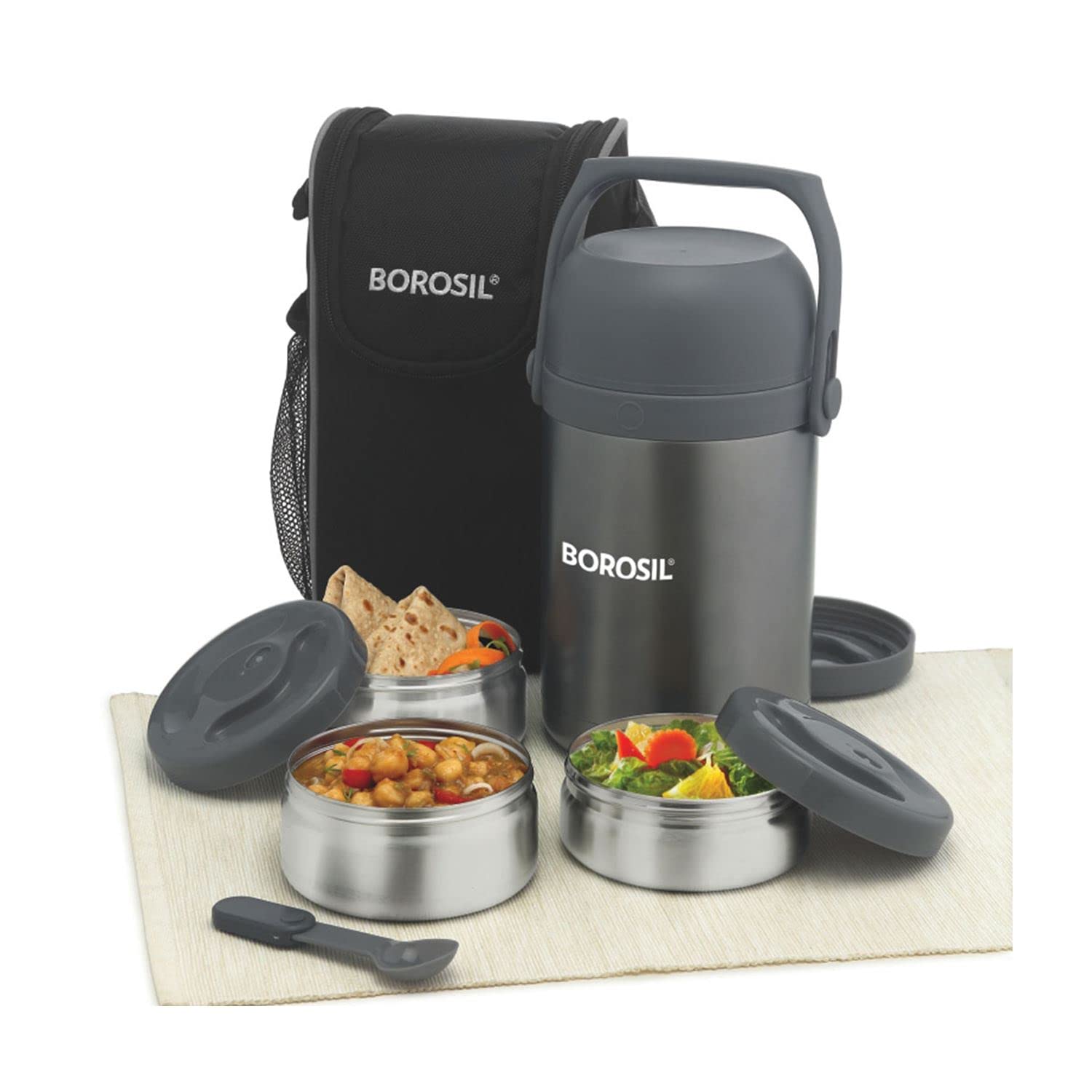 Borosil Stainless Steel Lunch Box Set, 3-Pieces, Silver, 350 milliliters