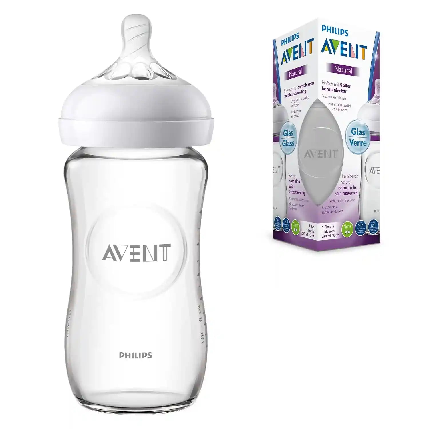 Philips Avent Natural Glass Baby Bottle 240ml +1Months Easy to Combine with Breastfeeding/Allows Natural Latch - Safqqa Egypt