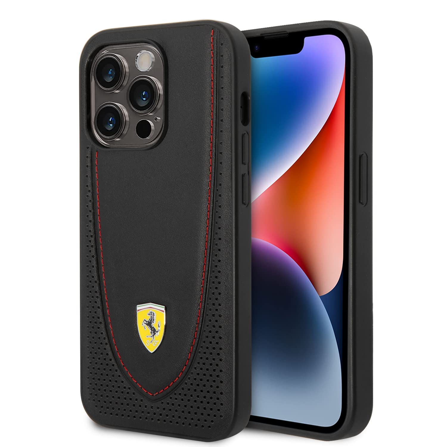 غطاء iPhone 14 Pro Max من Ferrari بجلد طبيعي مع تصميم مثقب وخياطة حمراء، متوافق مع MagSafe