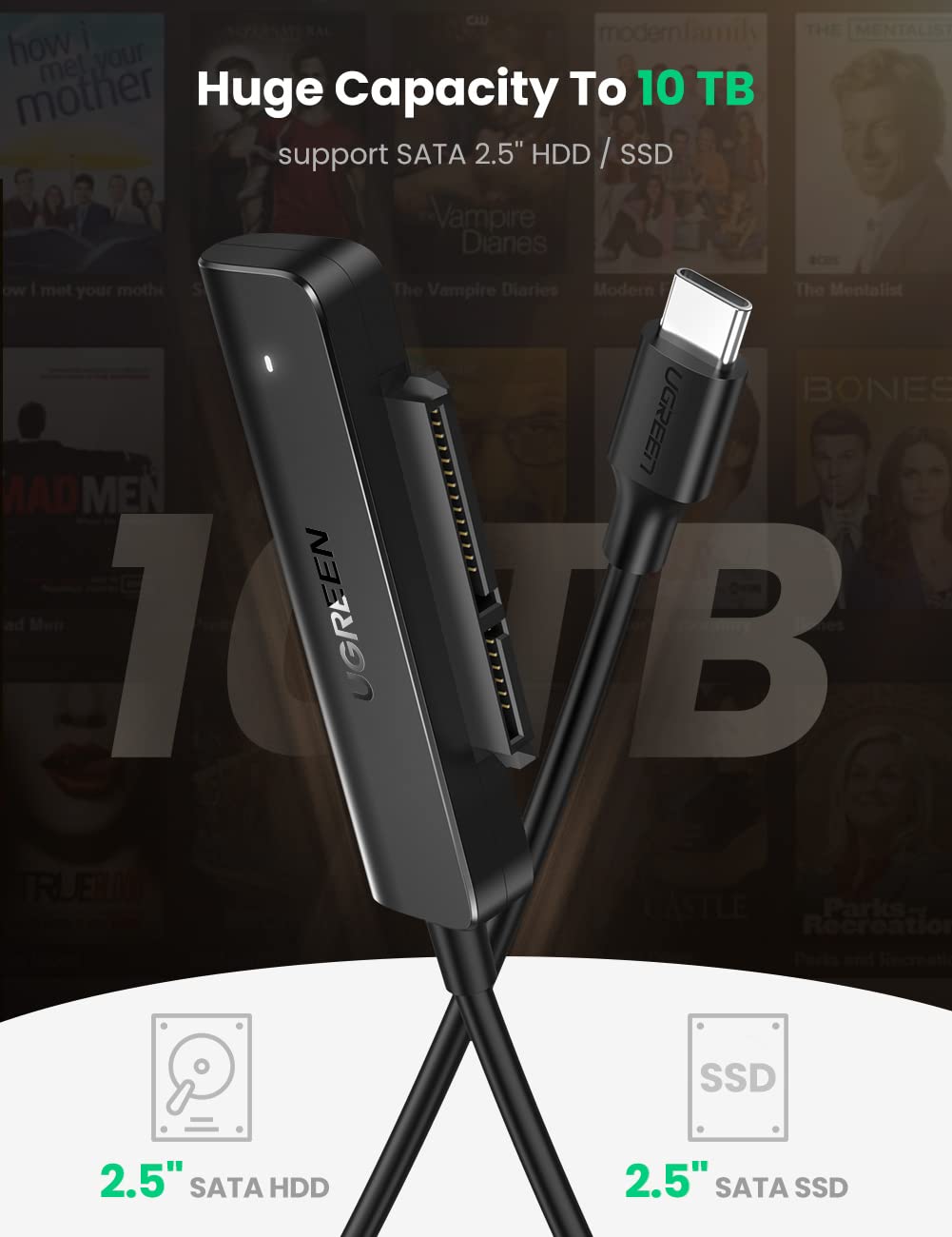 محول UGREEN من USB C إلى Sata كابل قارئ قرص صلب خارجي 2.5 SSD مجموعة نقل UASP مدعومة متوافقة مع Samsung و Crucial و WD و Toshiba قرص صلب داخلي Sata HDD SSD وجهاز كمبيوتر محمول USB C مثل MacBook