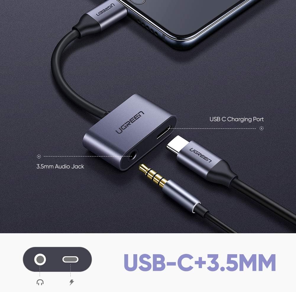 محول UGREEN USB C إلى 3.5 مم 2 في 1 USB C إلى سماعة رأس وشحن محول صوتي ألومنيوم شاحن سريع وسماعات متوافق مع Huawei P30 Pro P20 P20 Pro Mate 20 Pro، OnePlus 8/8pro Xiaomi Mi 9/8